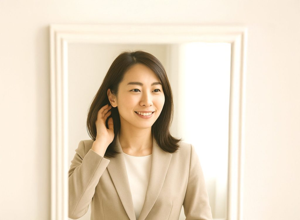 鏡の前で髪を整える女性